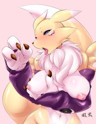 Rule 34 | 1girl, animal ears, artist name, black sclera, blue eyes, blush, breasts, bridal gauntlets, claws, colored sclera, digimon, digimon (creature), fellatio gesture, female focus, fox tail, furry, furry female, gloves, grabbing own breast, groin, half-closed eyes, hands up, highres, himamushi nyuudou, japanese text, large breasts, looking at viewer, motion lines, navel, nipples, nose blush, nude, open mouth, out-of-frame censoring, pink background, purple gloves, renamon, saliva, shiny clothes, shiny skin, signature, simple background, solo, standing, stomach, tail, tongue, tongue out, upper body, yin yang