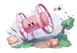 Rule 34 | absurdres, blue eyes, blush stickers, bulging eyes, commentary, copy ability, highres, kirby, kirby (series), lying, nintendo, on side, open mouth, panjandrum, path, road, running, shiburingaru, smile, tearing up, tree, waddle dee, waddle doo, wheel