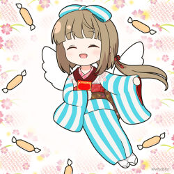 Rule 34 | 1girl, :d, ^ ^, brown hair, closed eyes, commentary request, floral background, full body, idolmaster, idolmaster cinderella girls, japanese clothes, kimono, long hair, long sleeves, mitya, obi, open mouth, pinching sleeves, sandals, sash, sleeves past wrists, smile, socks, solo, striped clothes, striped kimono, tabi, twitter username, vertical-striped clothes, vertical-striped kimono, very long hair, white background, white socks, white wings, wide sleeves, wings, yorita yoshino, zouri