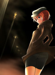 Rule 34 | 1girl, bad id, bad pixiv id, bike shorts, blue eyes, cabbie hat, from behind, hands in pockets, hat, isabelle du monceau de bergendal, lamppost, looking back, night, orange hair, pantylines, solo, strike witches, ulrich (tagaragakuin), world witches series