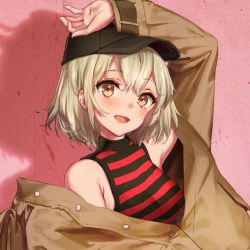 Rule 34 | 1girl, arm up, black hat, blonde hair, blush, brown eyes, close-up, hat, highres, looking at viewer, open mouth, original, short hair, sleeveless, smile, solo, upper body, yutsumoe