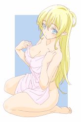 Rule 34 | 1girl, absurdres, bad id, bad twitter id, bare legs, bare shoulders, barefoot, blonde hair, blue eyes, breasts, cleavage, covering privates, donguri suzume, hair between eyes, highres, large breasts, long hair, naked towel, nude cover, original, pink towel, pointy ears, seiza, simple background, sitting, solo, towel