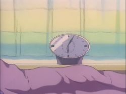 Rule 34 | 1girl, animated, animated gif, bed, blanket, bow, breasts, brown eyes, brown hair, cleavage, clock, hair bow, hair ribbon, long hair, matching hair/eyes, nightgown, ponytail, ranma 1/2, ribbon, screencap, solo, tendou kasumi, waking up