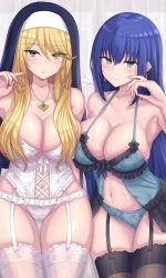Rule 34 | 2girls, black thighhighs, blonde hair, blue eyes, blue hair, blue panties, breasts, chin gero, cleavage, closed mouth, cowboy shot, earrings, engage kiss, garter belt, green eyes, groin, highres, jewelry, large breasts, lingerie, long hair, looking at viewer, multiple girls, navel, nightgown, nun, panties, parted lips, pendant, sharon holygrail, simple background, standing, thighhighs, underwear, white background, white thighhighs, yuugiri ayano