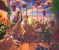 Rule 34 | 2boys, 3girls, aoyagi touya, azusawa kohane, blue hair, boater hat, brown footwear, closed eyes, cloud, dress, flower, green pants, greenhouse, hair flower, hair ornament, hanging plant, hat, unworn hat, unworn headwear, highres, indoors, kagamine rin, long hair, looking at another, multicolored hair, multiple boys, multiple girls, off-shoulder dress, off shoulder, on floor, orange hair, orange sweater vest, pants, plant, potted plant, project sekai, shinonome akito, shiraishi an, short sleeves, sitting, smile, split-color hair, sun hat, sunflower, sunkreativ, sunset, sweater vest, table, the vivid old tale (project sekai), twintails, vivid bad squad (project sekai), vivid bad squad rin, vocaloid, yellow dress