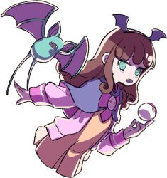Rule 34 | 1girl, blue eyes, brown hair, capelet, cardigan, creatures (company), cropped legs, crossover, dress, dutch angle, fang, game freak, gen 1 pokemon, hairband, hand up, holding, holding poke ball, kurosu aroma, long hair, long sleeves, looking at viewer, nintendo, open mouth, paprika private academy school uniform, pink cardigan, poke ball, poke ball (basic), pokemon, pokemon (creature), pretty series, pripara, purple capelet, ritsu (roboroboro), school uniform, short dress, simple background, solo, standing, white background, yellow dress, zubat
