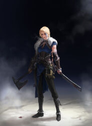 Rule 34 | 1girl, axe, blonde hair, blue eyes, dual wielding, european clothes, highres, holding, holding axe, holding weapon, looking at viewer, norse, simple background, tattoo, weapon, wolf lamb