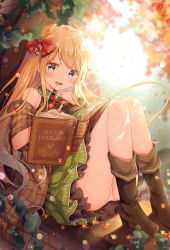 Rule 34 | 1girl, acorn hair ornament, blonde hair, blue eyes, blush, book, boots, dress, emu alice, gomano rio, green dress, hair ribbon, highres, leaf, legs together, liver city, long hair, looking at viewer, maple leaf, outdoors, panties, plaid, ribbon, smile, solo, tree shade, underwear, white panties