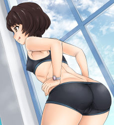 Rule 34 | 1girl, :p, ass, bike shorts, black bra, black shorts, bra, breasts, brown eyes, brown hair, cameltoe, closed mouth, cloud, cloudy sky, cowboy shot, day, dutch angle, from behind, hands on own hips, highres, indoors, leaning forward, nurugamer-kouyouju, shinmon megumi, short hair, short shorts, shorts, sky, small breasts, solo, sports bra, standing, tomica hyper rescue drive head: kidou kyuukyuu keisatsu, tongue, tongue out, trefoil, underwear, underwear only, watch, window, wristwatch