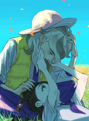 Rule 34 | 1boy, 1girl, arven (pokemon), blush, braid, brown hair, commentary request, creatures (company), day, eye contact, eyelashes, falling petals, game freak, grass, hat, highres, juliana (pokemon), long hair, looking at another, lying, necktie, nintendo, open clothes, open vest, outdoors, pants, petals, pokemon, pokemon sv, purple necktie, purple pants, shirt, short sleeves, sitting, sky, sweatdrop, umi meteo, vest, yellow vest