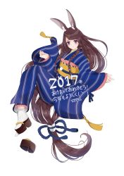 Rule 34 | 1girl, 2017, absurdly long hair, absurdres, animal ears, artist name, bad id, bad twitter id, blue kimono, braid, brown hair, closed mouth, full body, hair ornament, hairclip, happy new year, highres, japanese clothes, kimono, kotoyoro, long hair, looking at viewer, low-tied long hair, mole, mole under eye, new year, obi, original, platform clogs, purple eyes, rabbit ears, rabbit girl, sash, shoes, signature, simple background, single shoe, smile, solo, striped clothes, striped kimono, twin braids, usamochi., usamochi (7290381), vertical-striped clothes, vertical-striped kimono, very long hair, white background