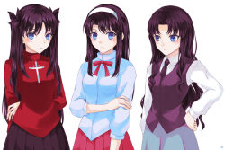 Rule 34 | 3girls, arm behind back, black hair, black necktie, black skirt, black vest, blue eyes, commentary request, company connection, crossover, fate/stay night, fate (series), frown, hairband, hand on own hip, kara no kyoukai, kokutou azaka, lo lis, look-alike, multiple crossover, multiple girls, necktie, pleated skirt, red skirt, sidelocks, signature, skirt, tohno akiha, tohsaka rin, trait connection, tsukihime, two side up, type-moon, vest, wavy hair, white hairband