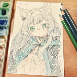 Rule 34 | 1girl, animal ears, arknights, art tools in frame, black cloak, blush, cat ears, cat girl, character name, cloak, closed mouth, commentary, dress, earpiece, green eyes, grey hair, haru (aona1122), highres, long hair, looking at viewer, rosmontis (arknights), solo, traditional media, white dress