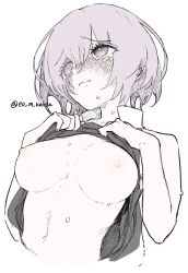 Rule 34 | 1girl, blush, breasts, clothes lift, embarrassed, fate/grand order, fate (series), highres, kaita (mokamilkcup), lifting own clothes, looking up, mash kyrielight, medium breasts, nipples, purple eyes, purple hair, shirt lift, short hair, simple background, sketch, solo, sweat, upper body, white background