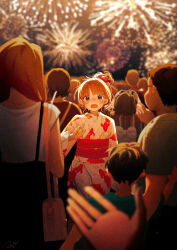 Rule 34 | aerial fireworks, bracelet, brown eyes, brown hair, crowded, crying, crying with eyes open, festival, fireworks, hair bun, highres, japanese clothes, jewelry, kimono, looking at viewer, night, open mouth, original, outdoors, people, potg (piotegu), solo focus, tearing up, tears, yukata