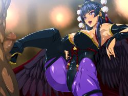 Rule 34 | 1girl, armpits, bare shoulders, black wings, blue hair, blunt bangs, boots, breasts, bridal gauntlets, censored, cleavage, clothed female nude male, covered erect nipples, dead or alive, dead or alive 5, feathered wings, fingerless gloves, footjob, gloves, hair ornament, hair stick, hairpin, hat, large breasts, legs, leotard, long hair, looking at another, mole, mole under mouth, mosaic censoring, nude, nyotengu, open mouth, penis, pink eyes, puffy nipples, raburebo, sitting, skin tight, smile, solo focus, spread legs, thigh boots, thighhighs, thighs, tokin hat, wings