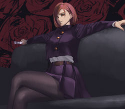 Rule 34 | 1girl, belt, black pantyhose, bob cut, breasts, brown belt, brown eyes, brown hair, buttons, couch, cropped jacket, crossed legs, floral background, hammer, highres, holding, holding hammer, jacket, jujutsu kaisen, jujutsu tech uniform, kugisaki nobara, looking at viewer, on couch, outstretched arms, pantyhose, parted lips, pleated skirt, purple jacket, purple skirt, rose background, school uniform, shirt, shirt tucked in, short hair, sitting, skirt, solo, white shirt, yoshino (laencl)