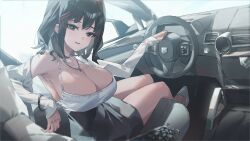 1girl absurdres armpits bangle bare_shoulders black_eyes black_hair black_skirt blurry bracelet breasts camisole car_interior chun_nam cleavage commission depth_of_field hair_ornament hairclip high-waist_skirt highres jacket jewelry large_breasts long_sleeves looking_at_viewer medium_hair miniskirt necklace off_shoulder open_clothes open_jacket open_mouth original pencil_skirt shirt shirt_tucked_in shoes sitting skirt sleeveless sleeveless_shirt smile solo spaghetti_strap steering_wheel thighs twisted_torso white_footwear white_jacket white_shirt