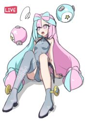 Rule 34 | 1girl, @ @, bare shoulders, blue hair, blush, bow-shaped hair, breasts, character hair ornament, chawan (yultutari), creatures (company), dress, game freak, gradient eyes, grey dress, hair ornament, highres, iono (pokemon), light blue hair, long hair, long sleeves, low twintails, multicolored eyes, multicolored hair, nintendo, open mouth, pelvic curtain, pink hair, pokemon, pokemon sv, purple eyes, sharp teeth, short dress, sleeves past wrists, small breasts, solo, split-color hair, teeth, twintails, yellow eyes