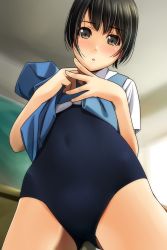 Rule 34 | 1girl, absurdres, black hair, blue skirt, blurry, blurry background, blush, brown eyes, clothes lift, covered navel, depth of field, fingernails, from below, gluteal fold, hair between eyes, head tilt, highres, lifted by self, looking at viewer, looking down, matsunaga kouyou, nose blush, original, parted lips, school swimsuit, shirt, shirt lift, short hair, short sleeves, skirt, skirt lift, solo, swimsuit, swimsuit under clothes, white shirt