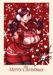 Rule 34 | 1girl, antlers, beryl (junkpuyo), black pantyhose, breasts, bright pupils, christmas, christmas sweater, cowboy shot, happy, highres, horns, junkpuyo, large breasts, long hair, looking at viewer, original, pantyhose, red theme, short twintails, smile, solo, sweater, swept bangs, tagme, teeth, twintails, upper teeth only