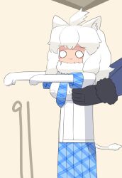 Rule 34 | 2girls, :3, ahoge, animal ear fluff, animal ears, black gloves, blue necktie, blue skirt, blush stickers, breasts, closed mouth, commentary request, cowboy shot, fur-trimmed sleeves, fur trim, gloves, highres, kemono friends, large breasts, lets0020, lion ears, lion girl, lion tail, long hair, longcat (meme), medium bangs, meme, multiple girls, necktie, numbered, o o, out of frame, outstretched arms, plaid necktie, pleated skirt, shirt, short sleeves, silver fox (kemono friends), skirt, smile, solo focus, tail, white gloves, white hair, white lion (kemono friends), white shirt, zombie pose