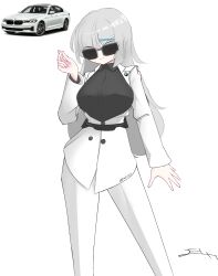 Rule 34 | 1girl, absurdres, black shirt, bmw, bmw 5 series, breasts, car, collared shirt, commentary, elll, english commentary, grey hair, highres, jacket, large breasts, long hair, motor vehicle, open hand, original, pants, personification, reference inset, shirt, simple background, smile, sunglasses, vehicle and personification, white background, white car, white jacket, white pants