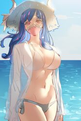 Rule 34 | beach, bikini, breasts, curled horns, dinosaur girl, horns, large breasts, mask, mouth mask, multicolored hair, multicolored horns, one piece, pink mask, raine (acke2445), swimsuit, two-tone hair, ulti (one piece)