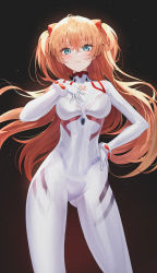 Rule 34 | 1girl, absurdres, black background, blue eyes, blush, bodysuit, breasts, brown hair, closed mouth, cowboy shot, curvy, evangelion: 3.0+1.0 thrice upon a time, gluteal fold, hair between eyes, hair ornament, hand on own hip, hand on own chest, headgear, highres, interface headset, long hair, looking at viewer, medium breasts, neon genesis evangelion, orange hair, pilot suit, plugsuit, rebuild of evangelion, shaffelli, shiny clothes, simple background, skin tight, solo, souryuu asuka langley, standing, two side up, very long hair, white bodysuit