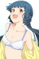 Rule 34 | 1girl, :d, armpits, bare shoulders, blue bra, blue hair, blunt bangs, blush, bow, bow bra, bra, breasts, brown eyes, cleavage, collarbone, gradient background, highres, hiroki (yyqw7151), idolmaster, idolmaster million live!, kitakami reika, lace, lace-trimmed bra, lace trim, long hair, looking at viewer, low twintails, midriff, no navel, open mouth, pointy nose, shirt, unworn shirt, smile, solo, twintails, underwear, upper body, yellow shirt
