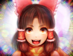 Rule 34 | 1girl, benikurage (cookie), blush, bow, brown eyes, brown hair, commentary request, cookie (touhou), dress, fangs, frilled hair tubes, frills, hair bow, hair tubes, hakurei reimu, khn (kihana), looking at viewer, medium hair, open mouth, orange scarf, parted bangs, portrait, red bow, red dress, scarf, sleeveless, sleeveless dress, slit pupils, smile, solo, tongue, touhou, yellow scarf