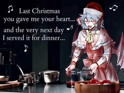 Rule 34 | 1girl, ascot, bat wings, blue hair, bow, bracelet, christmas, cooking, dress, embodiment of scarlet devil, fang, food, frills, hat, jewelry, jiyouer, kitchen, last christmas (song), music, open mouth, red dress, red ribbon, remilia scarlet, ribbon, santa hat, short hair, singing, smile, solo, touhou, wings, yellow ascot