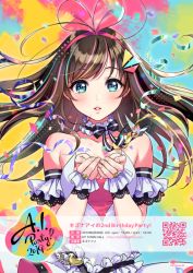 Rule 34 | 1girl, blue eyes, blush, bow, breasts, brown hair, chain, copyright name, detached collar, detached sleeves, dress, female focus, floating hair, gold, hairband, hands up, heart, kizuna ai, kizuna ai inc., lace, lace-trimmed dress, lace-trimmed sleeves, lace trim, long hair, looking at viewer, medium breasts, morikura en, multicolored hair, official art, parted lips, pink hair, pink hairband, poster (medium), qr code, simple background, skirt, smile, solo, streaked hair, virtual youtuber, white dress