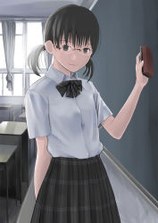 Rule 34 | 1girl, arm behind back, bad id, bad pixiv id, black bow, black bowtie, black eyes, black hair, black skirt, board eraser, bow, bowtie, chalkboard, classroom, closed mouth, cowboy shot, curtains, desk, female focus, glasses, hitori (htr t), holding, indoors, looking at viewer, original, plaid, plaid skirt, pleated skirt, school, school desk, school uniform, shirt, short sleeves, short twintails, skirt, smile, solo, sponge, table, twintails, white shirt, window