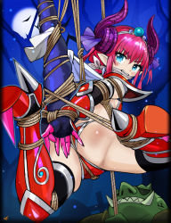 Rule 34 | 1girl, arms behind back, ass, bdsm, bikini, blue eyes, bondage, boots, bound, crotch rope, dragon horns, dragon tail, elbow gloves, elizabeth bathory (brave) (fate), elizabeth bathory (fate), fate/grand order, fate (series), full moon, gagged, gloves, highres, horns, moon, night, orc, pink hair, pointy ears, red bikini, rope, sharpffffff, signature, suspension, swimsuit, tail, thighhighs