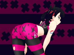 Rule 34 | 1girl, absurdres, aqua eyes, ass, bent over, black hair, commission, creatures (company), from behind, game freak, highres, m-a-v-e-r-i-c-k, marnie (pokemon), nintendo, non-web source, pokemon, pokemon swsh, solo, twintails