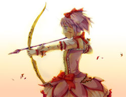 Rule 34 | 10s, 1girl, bad id, bad pixiv id, blood, bow (weapon), burn, burning, cr72, cuts, gradient background, injury, kaname madoka, magical girl, mahou shoujo madoka magica, mahou shoujo madoka magica (anime), pink hair, short hair, short twintails, simple background, solo, twintails, weapon