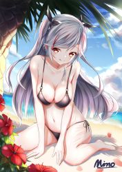 Rule 34 | 1girl, artist name, azur lane, bare legs, barefoot, beach, between legs, bikini, black bikini, blue sky, breasts, breasts squeezed together, cleavage, closed mouth, cloud, cloudy sky, collarbone, commentary, day, eyelashes, flag print, flower, german flag bikini, hair ribbon, hand between legs, hibiscus, highres, licking lips, long hair, looking at viewer, medium breasts, midriff, minoominoomi, multicolored hair, navel, outdoors, palm tree, petals, prinz eugen (azur lane), prinz eugen (unfading smile) (azur lane), red eyes, red hair, ribbon, side-tie bikini bottom, signature, silver hair, sitting, sky, smile, solo, streaked hair, swept bangs, swimsuit, tongue, tongue out, tree, two-tone hair, wariza