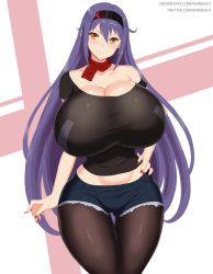Rule 34 | 1girl, android, bare shoulders, blouse, breasts, cleavage, huge breasts, kainkout, long hair, looking at viewer, nail polish, nintendo, orange eyes, pantyhose, poppi (xenoblade), poppi qtpi (xenoblade), purple hair, scarf, shirt, short shorts, shorts, smile, solo, spoilers, thighhighs, xenoblade chronicles (series), xenoblade chronicles 2