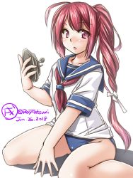 Rule 34 | 1girl, blue sailor collar, cellphone, collarbone, dated, hair between eyes, hair ribbon, i-168 (kancolle), kantai collection, long hair, looking at viewer, neckerchief, one-piece swimsuit, open mouth, phone, ponytail, red hair, red neckerchief, ribbon, sailor collar, school swimsuit, school uniform, serafuku, shadow, shirt, short sleeves, simple background, sitting, smartphone, solo, swimsuit, swimsuit under clothes, tatsumi ray, twitter username, wariza, white background, white shirt