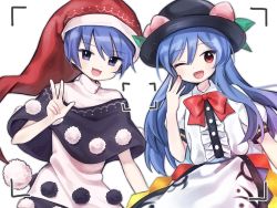 Rule 34 | 2girls, :3, :d, ;d, antinomy of common flowers, blue eyes, blue hair, blush, bow, bowtie, capelet, collared shirt, doremy sweet, dress, food, food on head, fruit, fruit on head, hat, hinanawi tenshi, laughing, looking at viewer, multiple girls, nightcap, object on head, one eye closed, open mouth, peach, pom pom (clothes), red eyes, reticule, shirt, smile, soooooook2, touhou, v, w