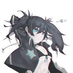 Rule 34 | 1girl, arm behind head, asymmetrical hair, bikini, bikini top only, black bikini, black hair, black jacket, black rock shooter, black rock shooter (character), blue eyes, breasts, front-tie top, hair between eyes, ika chan, jacket, long hair, navel, open clothes, open jacket, simple background, small breasts, solo, swimsuit, twintails, underboob, unzipped, upper body, white background