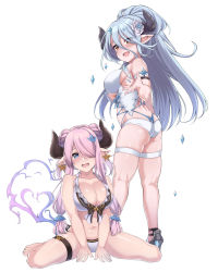 Rule 34 | 2girls, absurdres, ass, bare arms, bare shoulders, bikini, blue bikini, blue eyes, blue hair, blush, braid, breasts, butt crack, cleavage, collarbone, commentary request, draph, eyes visible through hair, flower, full body, granblue fantasy, hair between eyes, hair flower, hair ornament, hair over one eye, hair over shoulder, halterneck, heart, high heels, highleg, highleg bikini, highres, horns, ice, izmir, izmir (summer) (granblue fantasy), kneepits, large breasts, layered bikini, light purple hair, lips, long hair, looking at viewer, low tied hair, midriff, mole, mole under mouth, multiple girls, narmaya (granblue fantasy), navel, open mouth, pointy ears, ponytail, red eyes, simple background, single braid, sitting, skindentation, sleeveless, spicy moo, stomach, swimsuit, thigh strap, thighs, very long hair, wariza, whale tail (clothing), white background, white bikini