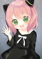 Rule 34 | 1girl, :d, anya (spy x family), black dress, bow, collarbone, commentary request, dress, green eyes, hair between eyes, hand up, highres, long sleeves, looking at viewer, open mouth, pink hair, smile, solo, spy x family, suzu (minagi), teeth, upper teeth only, white bow, wide sleeves