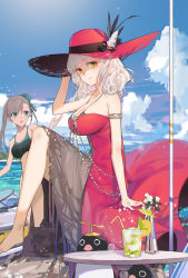 Rule 34 | 2girls, alternate costume, asymmetrical hair, black one-piece swimsuit, blue eyes, blue sky, breasts, bun cover, carmilla (fate), carmilla (swimsuit rider) (fate), carmilla (swimsuit rider) (first ascension) (fate), competition swimsuit, cup, curly hair, day, dress, drinking glass, drinking straw, fate/grand order, fate (series), hair bun, hat, highres, large breasts, long hair, miyamoto musashi (fate), miyamoto musashi (swimsuit berserker) (first ascension) (fate), multiple girls, neee-t, one-piece swimsuit, outdoors, pink hair, red dress, red headwear, silver hair, single hair bun, sitting, sky, sleeveless, sleeveless dress, sun hat, swimsuit, yellow eyes