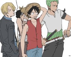 Rule 34 | 4boys, black hair, blonde hair, formal, green hair, haramaki, hat, hiding, hiding behind another, male focus, monkey d. luffy, multiple boys, one piece, overalls, roronoa zoro, sanji (one piece), sheath, sheathed, short sleeves, sleeveless, smoking, straw hat, suit, sword, ufkqz, usopp, weapon, white background