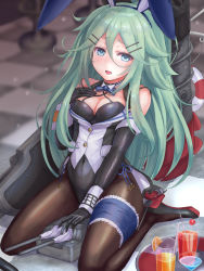 Rule 34 | 1girl, adapted costume, animal ears, aqua eyes, black gloves, black leotard, blush, breasts, brown pantyhose, buttons, checkered floor, cleavage, cup, drink, drinking glass, drinking straw, em s, fake animal ears, gloves, green hair, highres, kantai collection, leotard, long hair, machinery, medium breasts, open mouth, pantyhose, playboy bunny, rabbit ears, rigging, rudder footwear, smokestack, solo, turret, yamakaze (kancolle)
