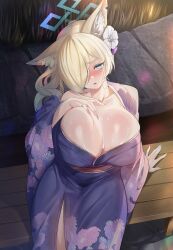 Rule 34 | 1girl, animal ears, bare shoulders, blonde hair, blue archive, blue eyes, blue kimono, breasts, cleavage, collarbone, dog ears, floral print, hair over one eye, halo, highres, huge breasts, japanese clothes, k jin, kanna (blue archive), kimono, long hair, long sleeves, looking at viewer, obi, off shoulder, open mouth, ponytail, sash, solo, sweat, wide sleeves