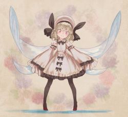 Rule 34 | 1girl, black pantyhose, blonde hair, bow, dress, drill hair, fairy wings, floral background, floral print, full body, hat, hat bow, high heels, long sleeves, luna child, pantyhose, puffy sleeves, red eyes, short hair, smile, solo, touhou, white dress, wide sleeves, wings, yamamomo (plank)
