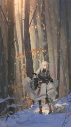 Rule 34 | 1girl, absurdres, animal ears, boots, capelet, cloak, forest, highres, leaf, long hair, nature, original, scenery, silver hair, snow, snow leopard, tree, winter, xilmo, yellow leaves